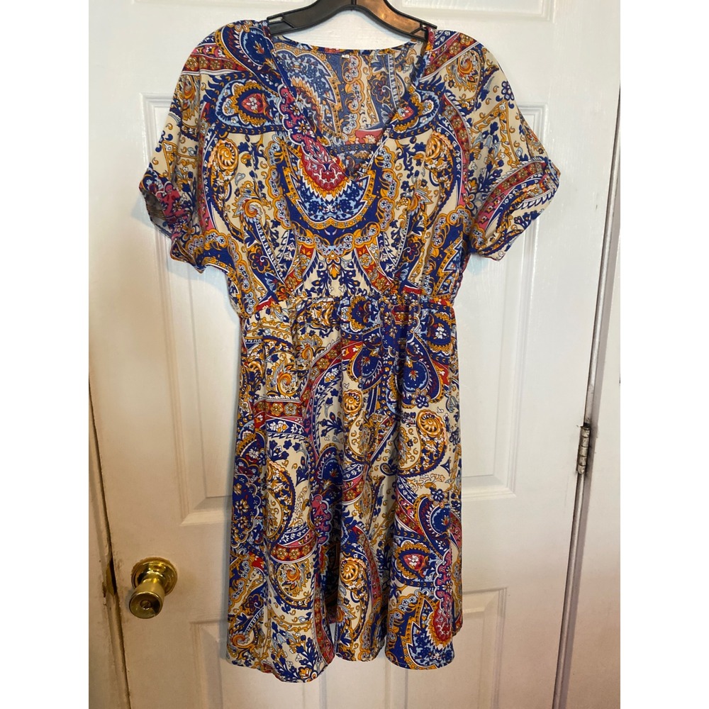 Unbranded Paisley Print V-Neck Elastic Waist Dress Blue Orange Red Medium